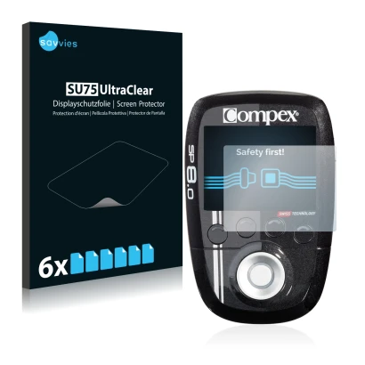 Front side of a product packaging with the brand logo Savvies. Next to it is the device Compex SP 8.0 shown with the correspon