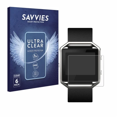 Front side of a product packaging with the brand logo Savvies. Next to it is the device Fitbit Blaze shown with the correspond
