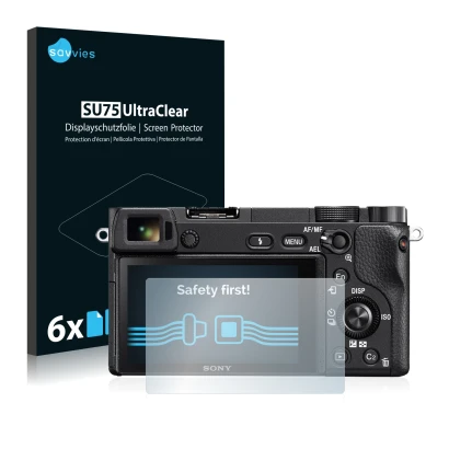 Front side of a product packaging with the brand logo Savvies. Next to it is the device Sony Alpha 6300 shown with the corresp