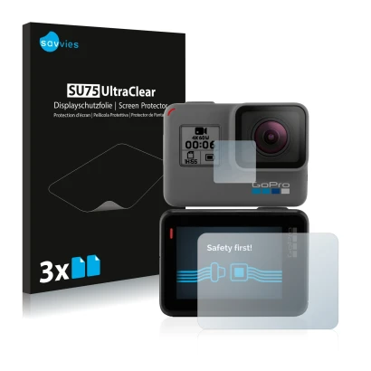 Front side of a product packaging with the brand logo Savvies. Next to it is the device GoPro Hero 5 Black shown with the corr