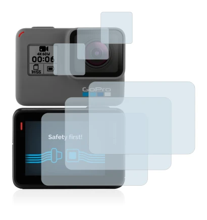 Image of the device GoPro Hero 5 Black with a wide variety of screen protectors.