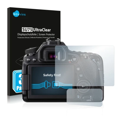 Front side of a product packaging with the brand logo Savvies. Next to it is the device Canon EOS 80D shown with the correspon