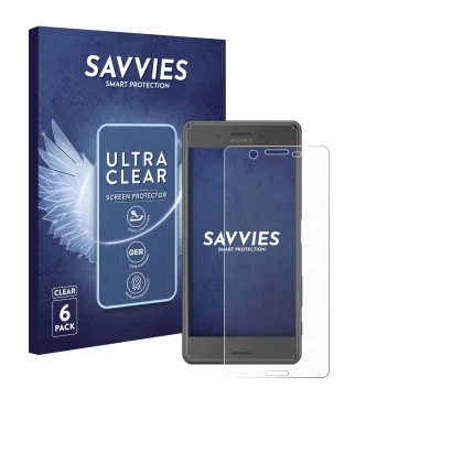 Front side of a product packaging with the brand logo Savvies. Next to it is the device Sony Xperia X Performance shown with t