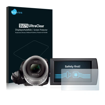 Front side of a product packaging with the brand logo Savvies. Next to it is the device Sony FDR-AX53 shown with the correspon