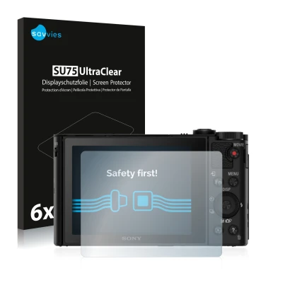 Front side of a product packaging with the brand logo Savvies. Next to it is the device Sony Cyber-Shot DSC-HX80 shown with th