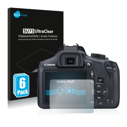 Front side of a product packaging with the brand logo Savvies. Next to it is the device Canon EOS 1300D shown with the corresp