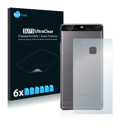 Front side of a product packaging with the brand logo Savvies. Next to it is the device Huawei P9 Plus (Back) shown with the c