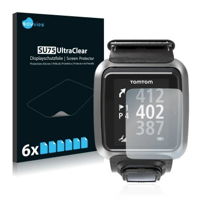 Front side of a product packaging with the brand logo Savvies. Next to it is the device TomTom Golfer 2 shown with the corresp