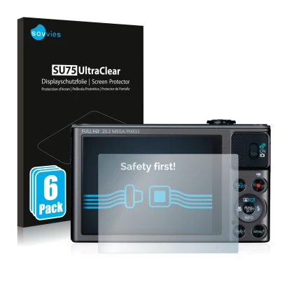 Front side of a product packaging with the brand logo Savvies. Next to it is the device Canon PowerShot SX620 HS shown with th