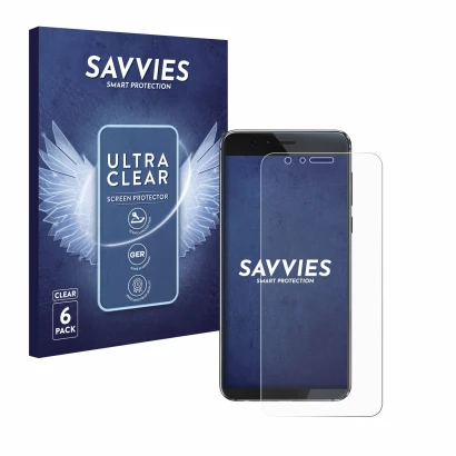 Front side of a product packaging with the brand logo Savvies. Next to it is the device Honor 8 shown with the corresponding s