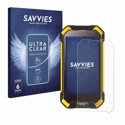 Front side of a product packaging with the brand logo Savvies. Next to it is the device Blackview BV6000 shown with the corres