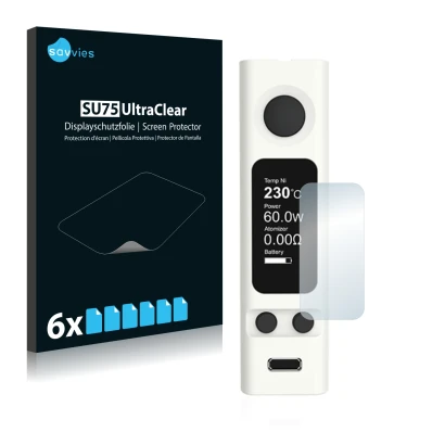 Front side of a product packaging with the brand logo Savvies. Next to it is the device Joyetech eVic VTwo Mini shown with the