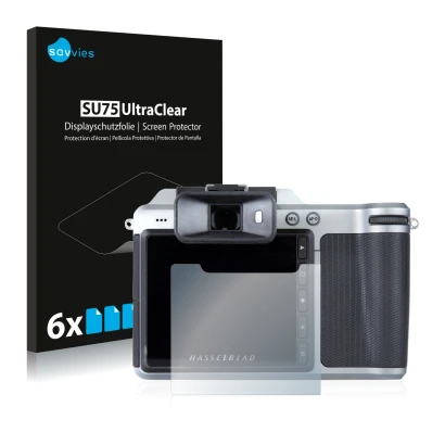 Front side of a product packaging with the brand logo Savvies. Next to it is the device Hasselblad X1D-50c shown with the corr