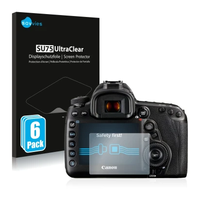Front side of a product packaging with the brand logo Savvies. Next to it is the device Canon EOS 5D Mark IV shown with the co