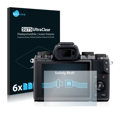 Front side of a product packaging with the brand logo Savvies. Next to it is the device Canon EOS M5 shown with the correspond