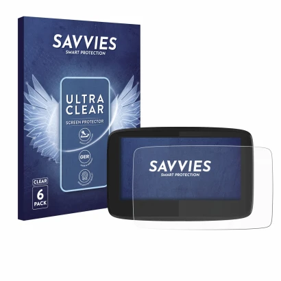Front side of a product packaging with the brand logo Savvies. Next to it is the device TomTom GO 620 shown with the correspon