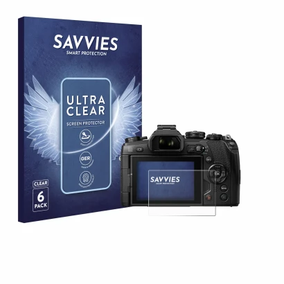 Front side of a product packaging with the brand logo Savvies. Next to it is the device Olympus OM-D E-M1 Mark II shown with t