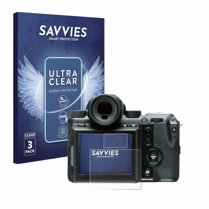 Front side of a product packaging with the brand logo Savvies. Next to it is the device Fujifilm GFX50S shown with the corresp