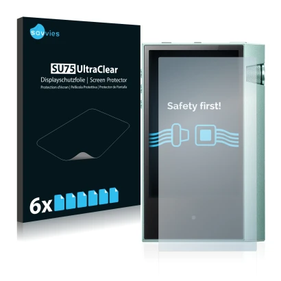 Front side of a product packaging with the brand logo Savvies. Next to it is the device Astell&Kern AK70 shown with the corres
