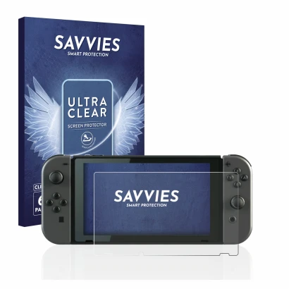 Front side of a product packaging with the brand logo Savvies. Next to it is the device Nintendo Switch shown with the corresp