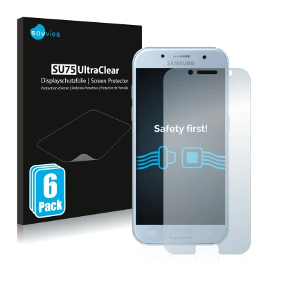 Front side of a product packaging with the brand logo Savvies. Next to it is the device Samsung Galaxy A5 2017 shown with the 