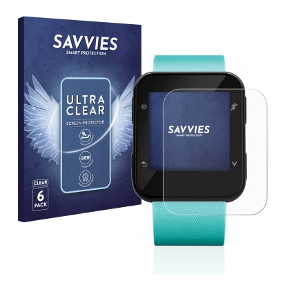 Front side of a product packaging with the brand logo Savvies. Next to it is the device Garmin Forerunner 35 shown with the co
