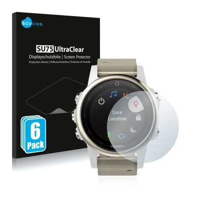 Front side of a product packaging with the brand logo Savvies. Next to it is the device Garmin Fenix 5S (42 mm) shown with the