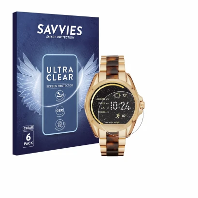Front side of a product packaging with the brand logo Savvies. Next to it is the device Michael Kors Access Bradshaw shown wit