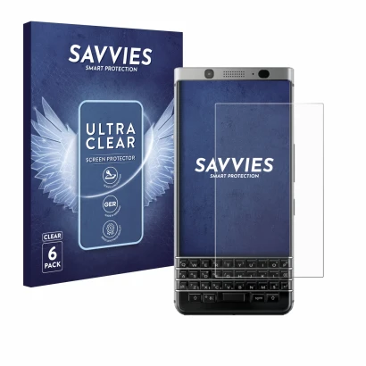 Front side of a product packaging with the brand logo Savvies. Next to it is the device BlackBerry Keyone shown with the corre