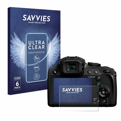Front side of a product packaging with the brand logo Savvies. Next to it is the device Panasonic Lumix DC-FZ82 shown with the