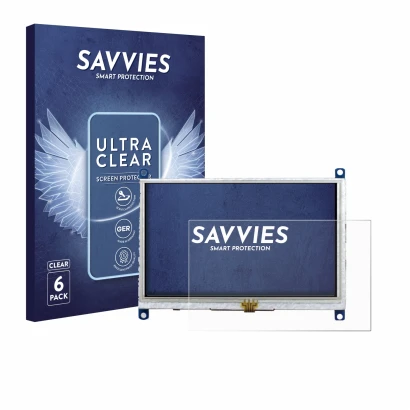 Front side of a product packaging with the brand logo Savvies. Next to it is the device Raspberry Pi Touchscreen 5" shown with