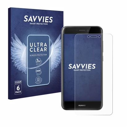 Front side of a product packaging with the brand logo Savvies. Next to it is the device Huawei P8 Lite 2017 shown with the cor