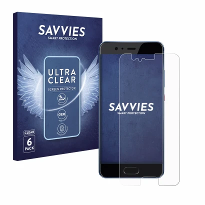 Front side of a product packaging with the brand logo Savvies. Next to it is the device Huawei P10 shown with the correspondin
