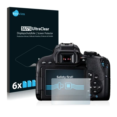 Front side of a product packaging with the brand logo Savvies. Next to it is the device Canon EOS 800D shown with the correspo
