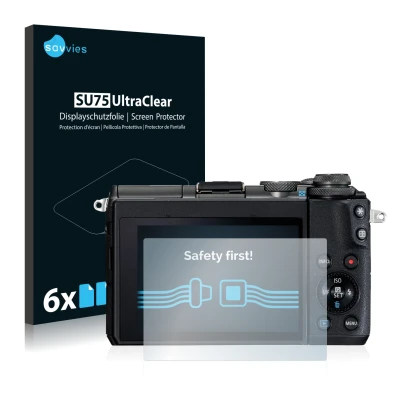 Front side of a product packaging with the brand logo Savvies. Next to it is the device Canon EOS M6 shown with the correspond