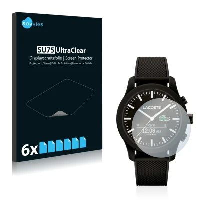 Front side of a product packaging with the brand logo Savvies. Next to it is the device Lacoste 12.12 Contact shown with the c