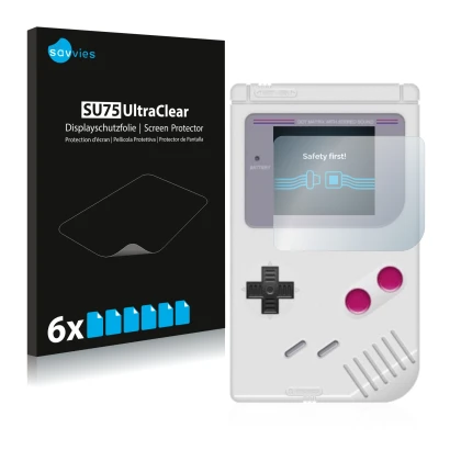 Front side of a product packaging with the brand logo Savvies. Next to it is the device Nintendo Gameboy (1989) shown with the