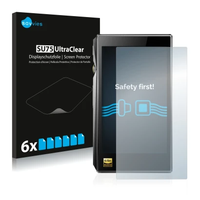 Front side of a product packaging with the brand logo Savvies. Next to it is the device FiiO X5 III shown with the correspondi