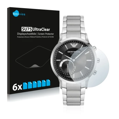 Front side of a product packaging with the brand logo Savvies. Next to it is the device Emporio Armani Connected Smartwatch Hy