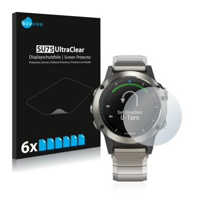 Front side of a product packaging with the brand logo Savvies. Next to it is the device Garmin quatix 5 shown with the corresp