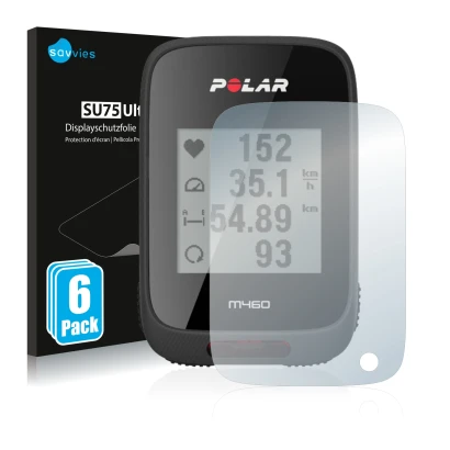 Front side of a product packaging with the brand logo Savvies. Next to it is the device Polar M460 shown with the correspondin