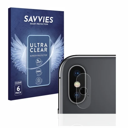 Front side of a product packaging with the brand logo Savvies. Next to it is the device Apple iPhone X (ONLY Camera Lens) show