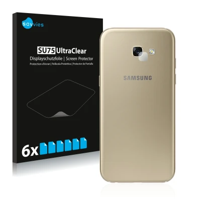 Front side of a product packaging with the brand logo Savvies. Next to it is the device Samsung Galaxy A5 2017 (ONLY Camera Le