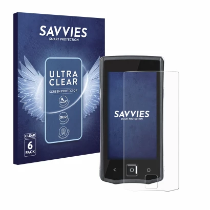 Front side of a product packaging with the brand logo Savvies. Next to it is the device Orderman 7 shown with the correspondin