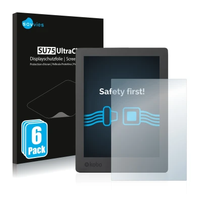 Front side of a product packaging with the brand logo Savvies. Next to it is the device Kobo Aura H2O Edition 2 shown with the