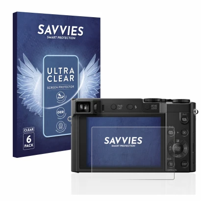 Front side of a product packaging with the brand logo Savvies. Next to it is the device Panasonic Lumix DMC-TZ100 shown with t
