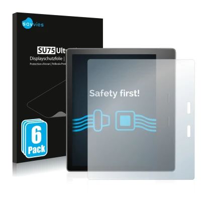 Front side of a product packaging with the brand logo Savvies. Next to it is the device Amazon Kindle Oasis 2017 (9th Gen.) sh