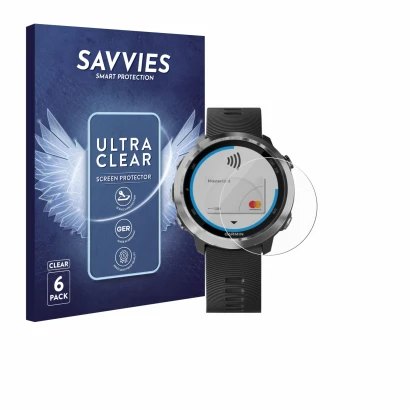 Front side of a product packaging with the brand logo Savvies. Next to it is the device Garmin Forerunner 645 shown with the c