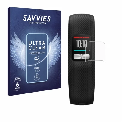 Front side of a product packaging with the brand logo Savvies. Next to it is the device Garmin Vivofit 4 shown with the corres