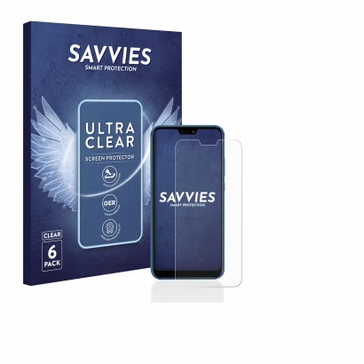 Front side of a product packaging with the brand logo Savvies. Next to it is the device Huawei P20 lite 2018 shown with the co